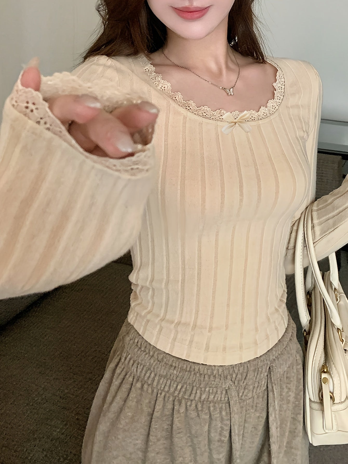 Women's Long Sleeve Ribbed Knit Top with Bow Detail Solid Color Spring Fall