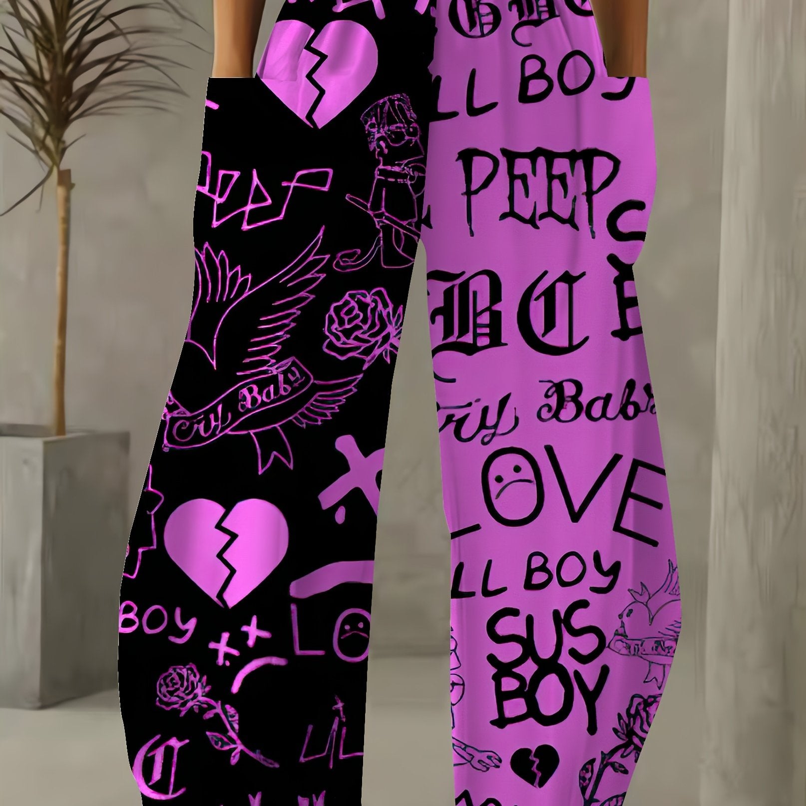 Plus Size Women's High-Waist Wide-Leg Pants with Heart Print Casual Black Pink