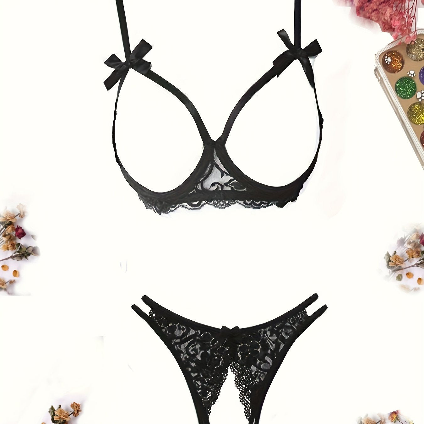 Women's Floral Lace Bow Lingerie Set Open Bust Bra Crotchless Panty
