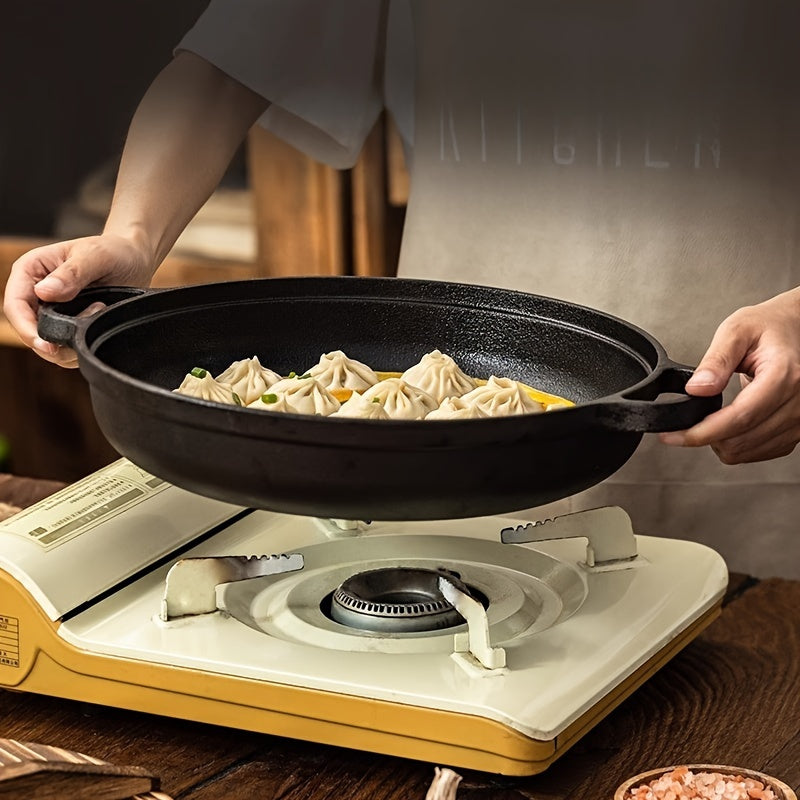 Cast Iron Double-Handled Skillet with Wooden Lid Non-Stick Cooking Pan for Gas and Induction
