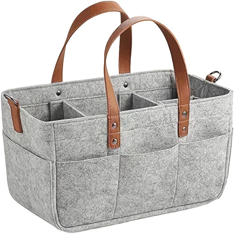 Grey Patchwork Felt Diaper Caddy with Handles, Portable and Sustainable Storage