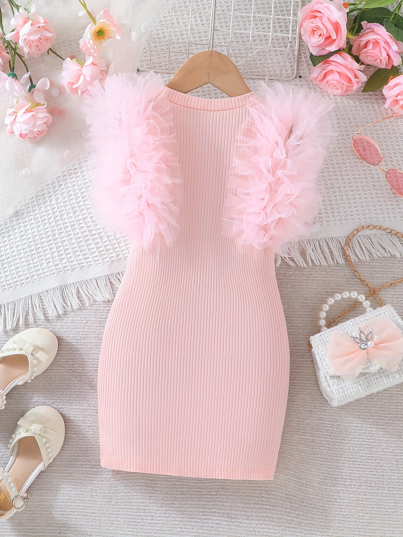 Girls Tulle Sleeve Bodycon Dress for Summer with Ruffle Details
