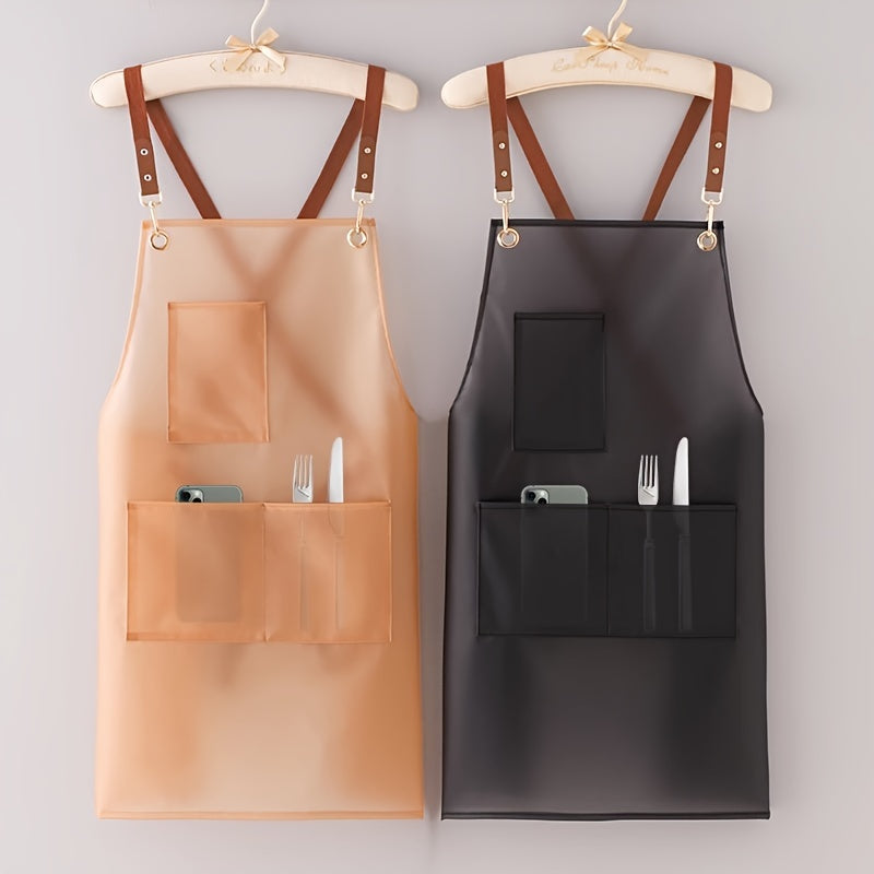 Waterproof Transparent TPU Apron with Brown Straps Stain-Resistant Adjustable Kitchen Tool Pockets