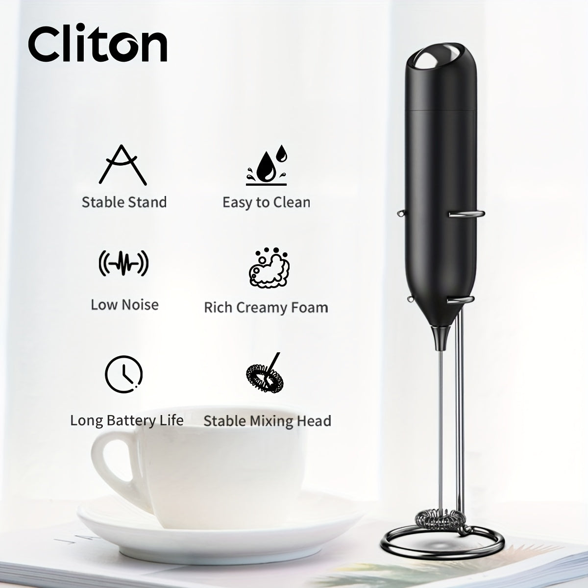 Electric Milk Frother Handheld Stainless Steel Stand Battery Powered For Coffee Latte