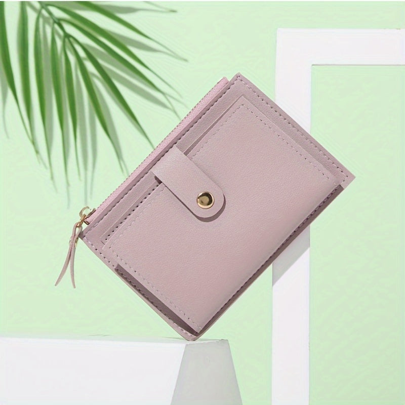 Women's Bifold Wallet with Zipper Snap Button in Pink Blue Black Light Brown PU Material