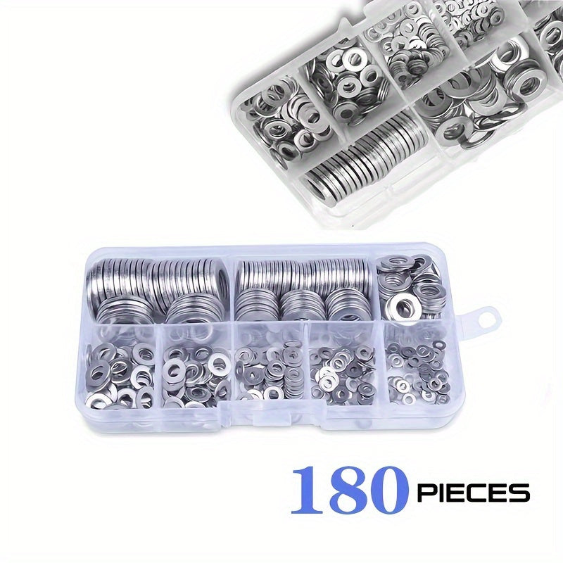 180-Piece Stainless Steel Flat Washers Assortment Kit Multi-Size for DIY, Home and Auto