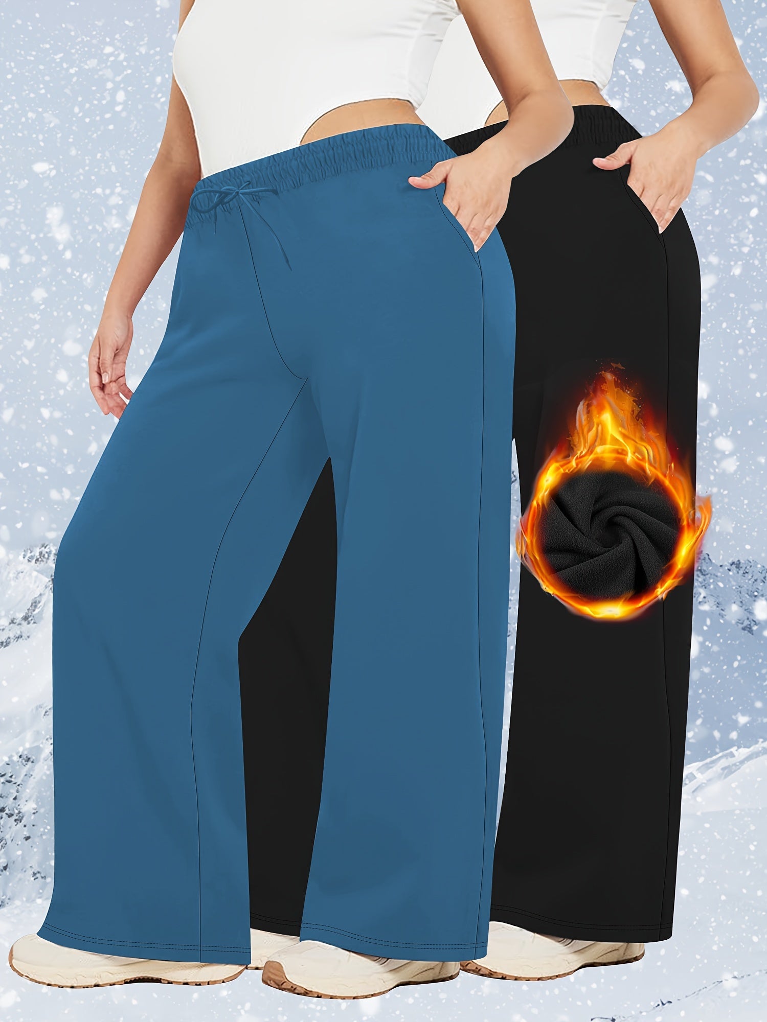 Plus Size Fleece-Lined Sweatpants for Women Solid Color Warm Activewear