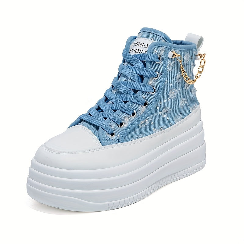 Women's High-Top Sneakers - Black White Blue with Gold Chain Casual Shoes