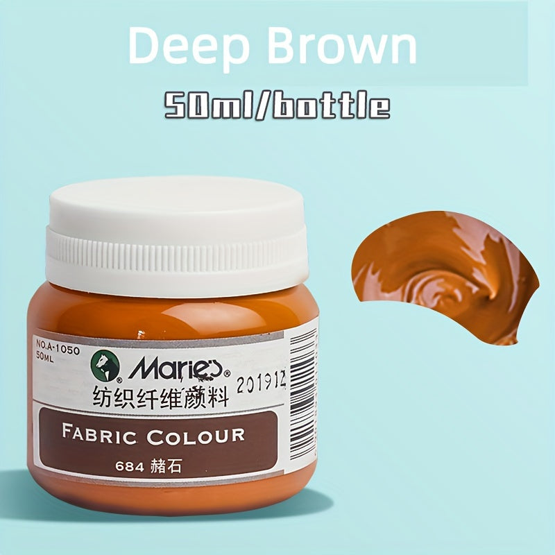 1 shisha Marie's Fabric Paint, 50ml - doimiy kiyim bo'yash uchun 12 rang mavjud. O'rta cho'tka kiritilgan. San'atkorlar va hunarmandlar uchun ideal. T-shirtlar, poyabzallar, jinsilar uchun mos.