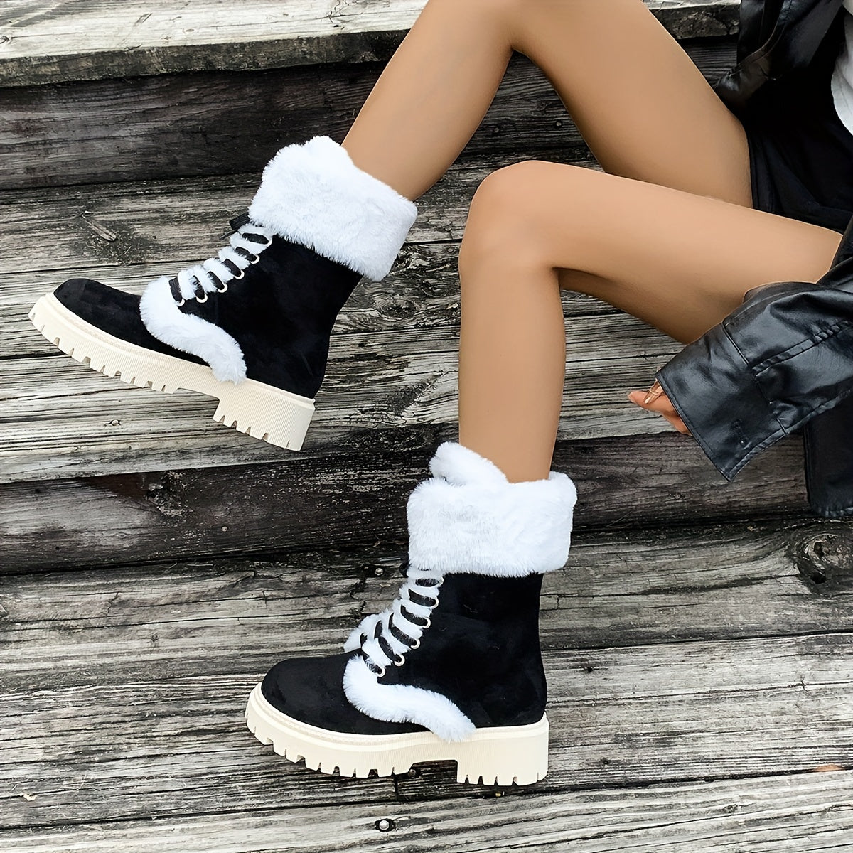 Women's Fleece-Lined Winter Snow Boots Mid-Calf Lace-Up Faux Fur Black Brown