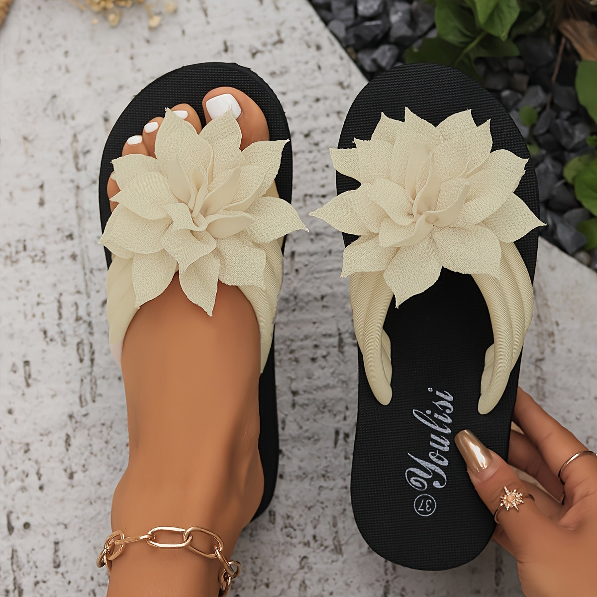Women's Black Flip-Flops with Floral Embellishment Open Toe Slip-On