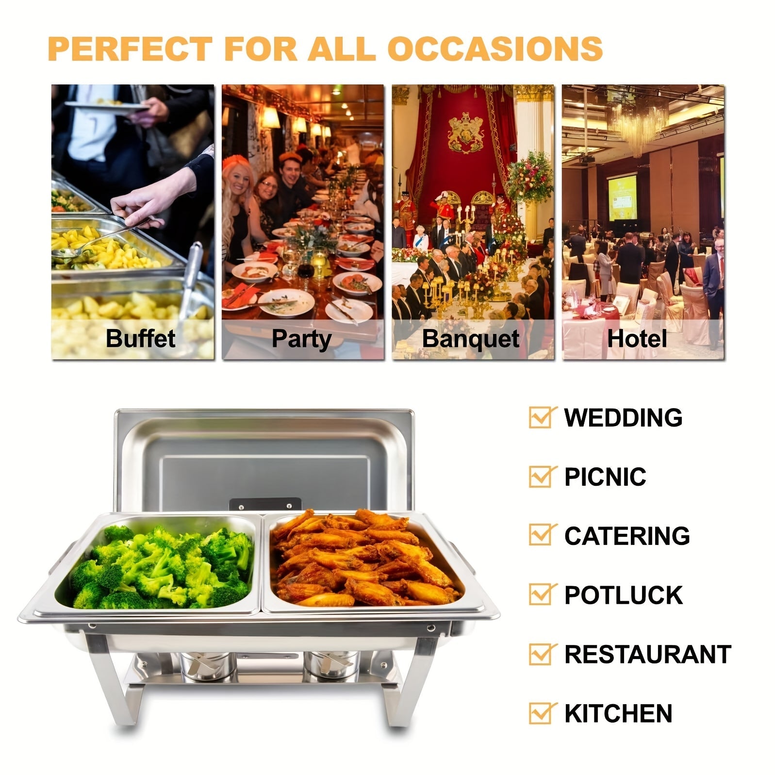 8QT Stainless Steel Chafing Dishes Set with Full and Half Pans for Catering and Events