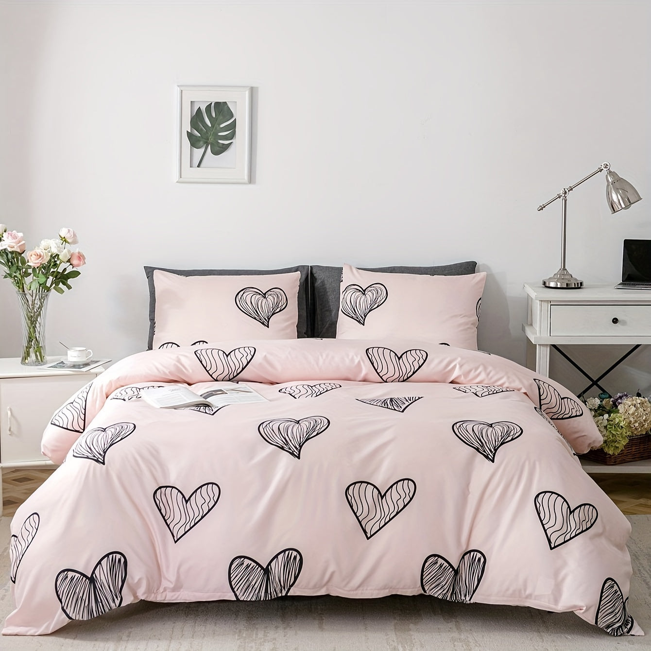 Pink Heart Pattern Pillowcases Set Soft Breathable Polyester Envelope Closure