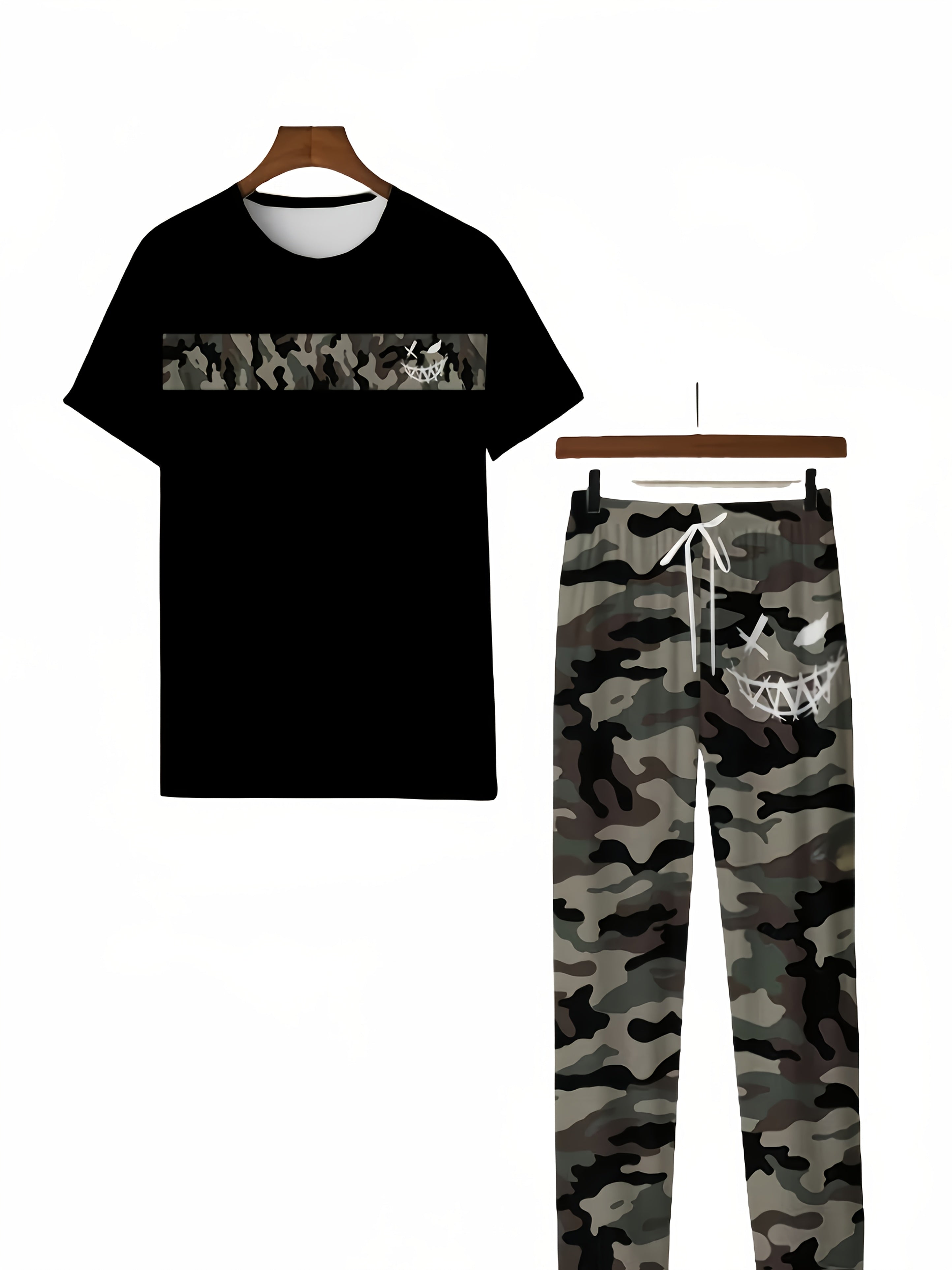 Men's Plus-Size Camouflage Activewear Set Short-Sleeve Top and Long Pants Polyester Stretch Outdoor Sports