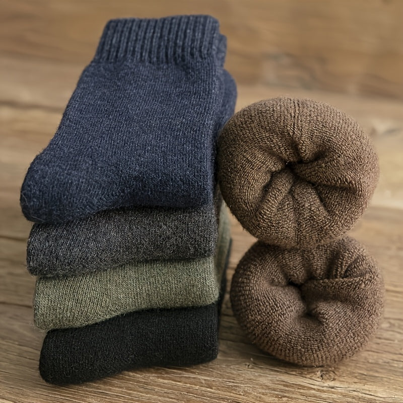 Men's Thickened Warm Mid-Calf Socks Set of 3 Solid Colors for Autumn Winter