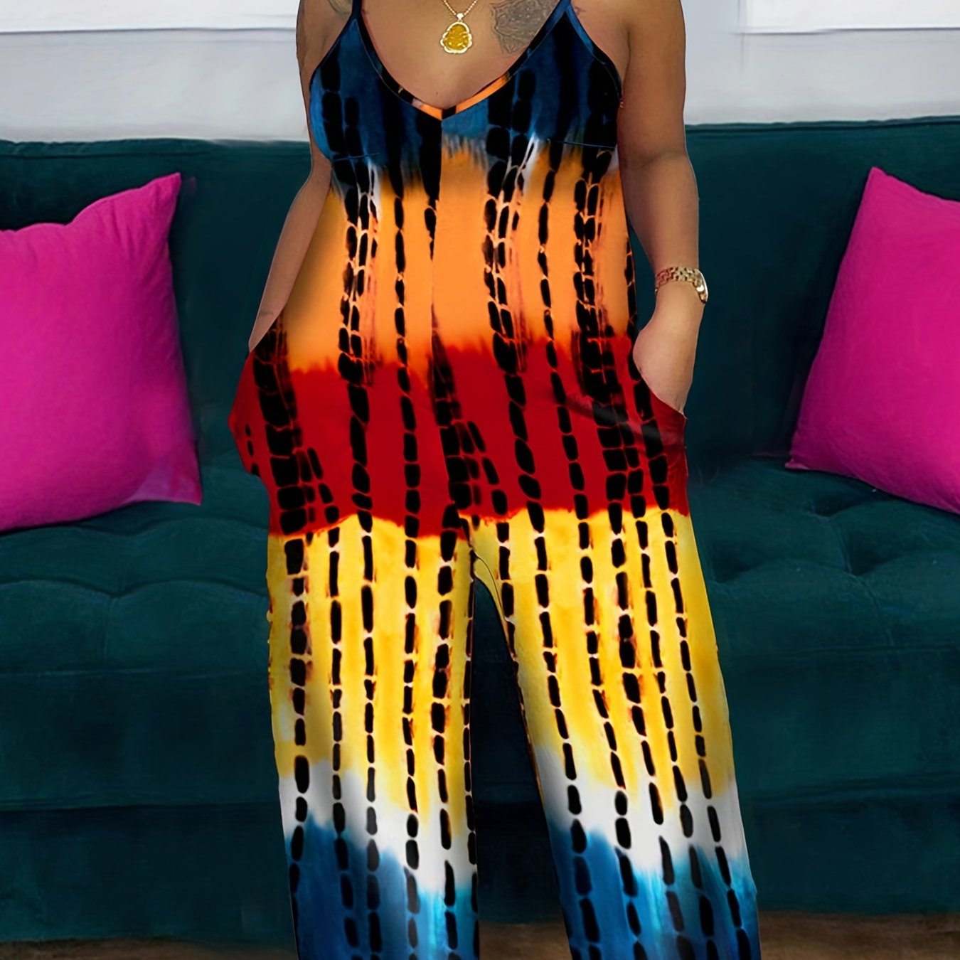 Plus Size Women's Casual V-Neck Tie-Dye Jumpsuit Short Sleeve Summer Outfit