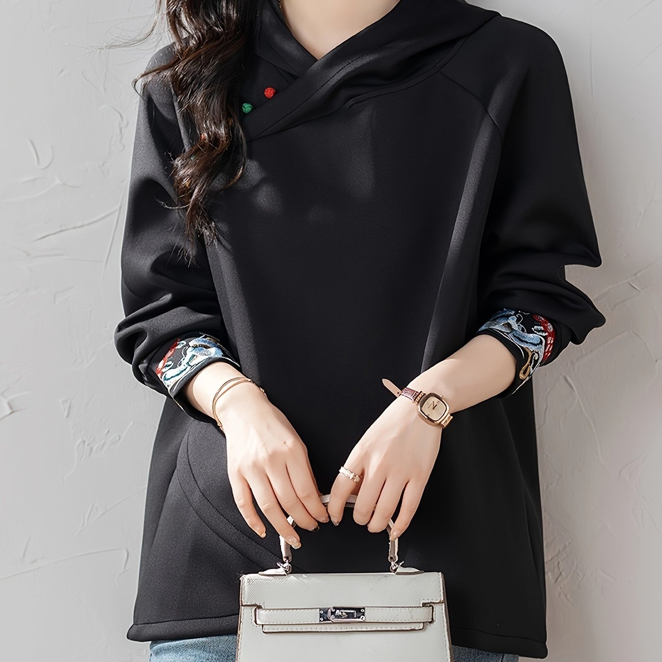 Women's Black Hoodie with Colorful Embroidery Loose Fit Pullover