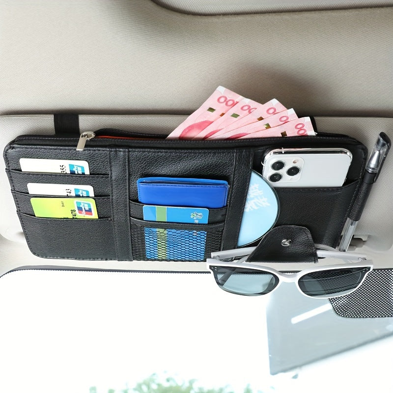 Car Glasses Holder Leather Sun Visor Card Pocket Organizer for Tickets