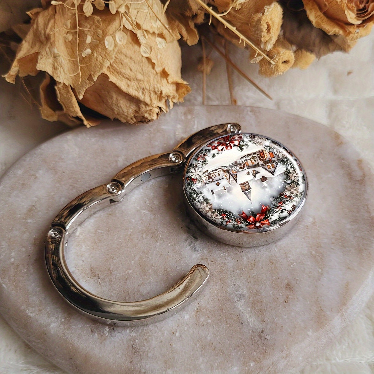Portable Folding Purse Hook Table Accessory with Christmas Village Snow Scene Design