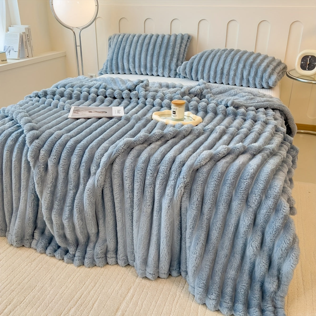 Striped Plush Blanket Double-Sided Fleece All-Season Knit Polyester Machine Washable
