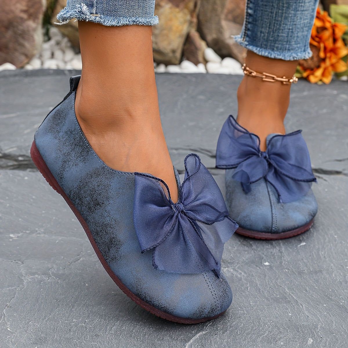 Women's Navy Blue Slip-On Flats with Black Bowknot Leather Upper