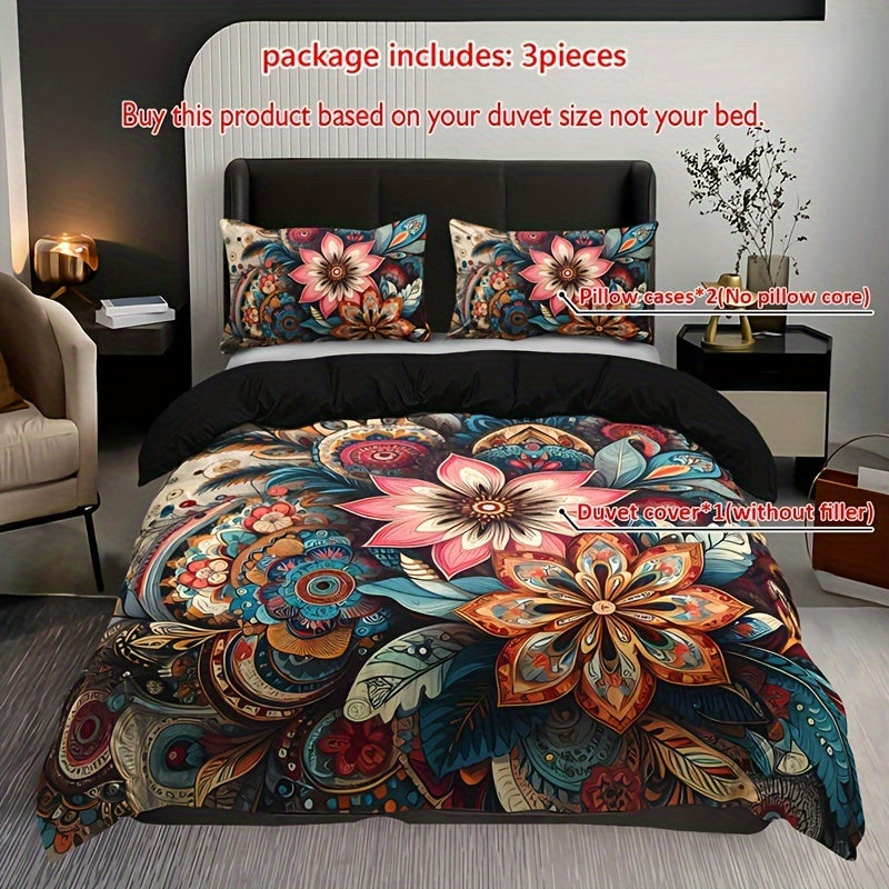 Conjunto de ropa de cama bohemia con mandala floral, 3 piezas, funda nórdica y fundas de almohada
