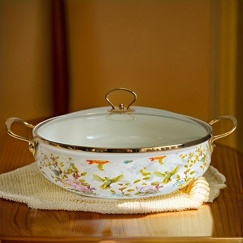 Enamel Porcelain Plate Set Three Flower Colors Golden Borders Kitchen Decor