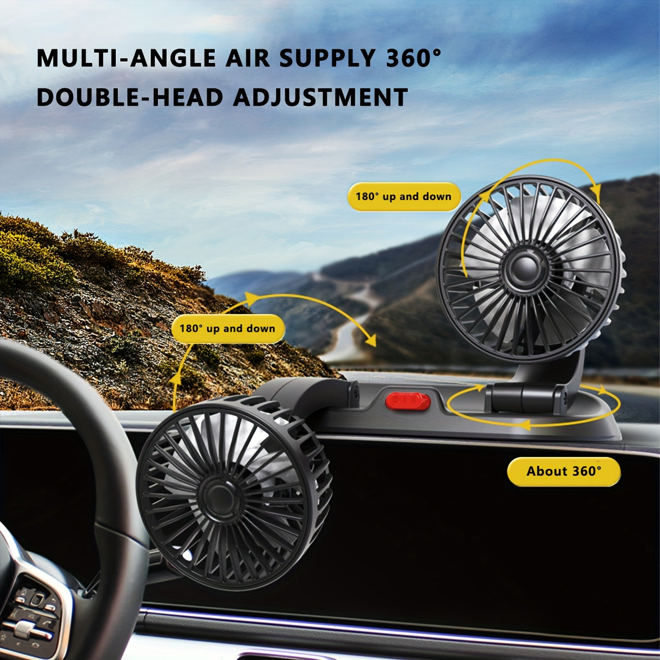 Dual-Head USB Car Fan with 3 Speeds and 360° Rotation for Vehicles and Office