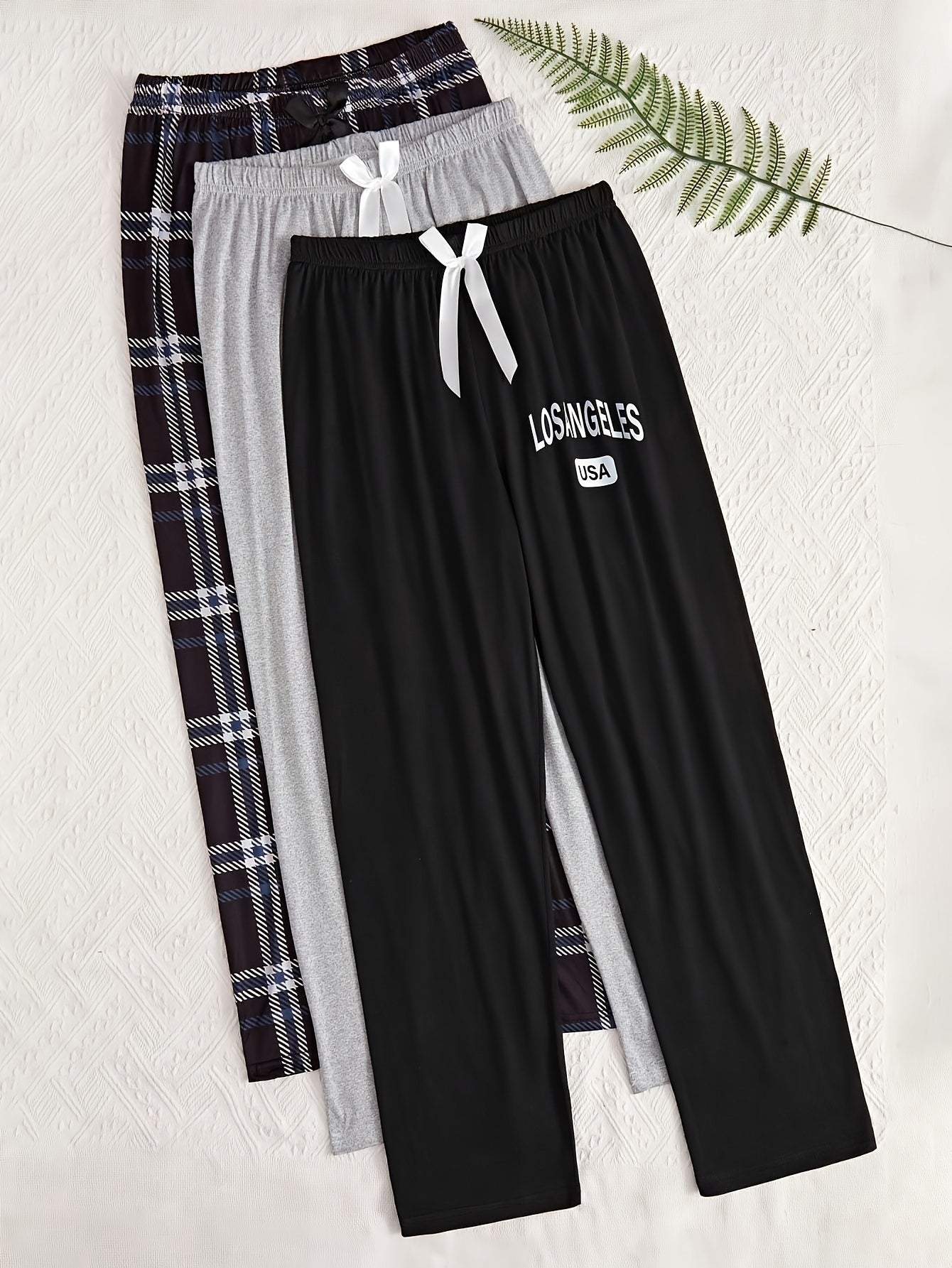 Women's Lounge Pants Set 3 Pieces Cropped Loose Fit Elastic Waist Solid Plaid Letter Print