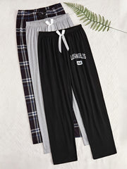 Women's Lounge Pants Set 3 Pieces Cropped Loose Fit Elastic Waist Solid Plaid Letter Print
