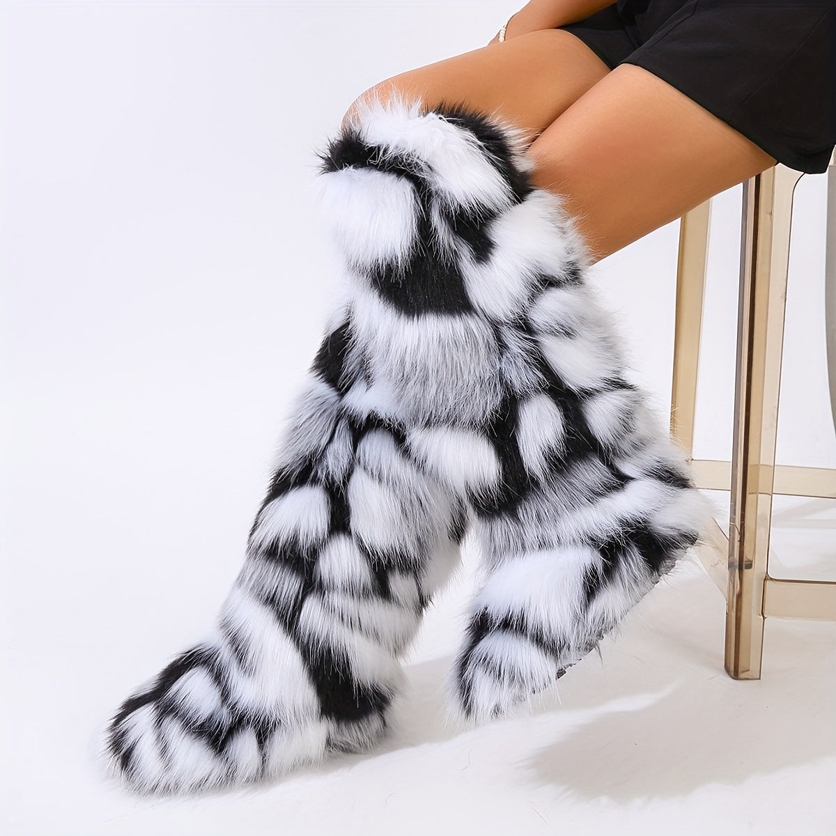 Women's Faux Fur Knee-High Boots with Round Toe Pull-On Flat Heel