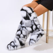 Women's Faux Fur Knee-High Boots with Round Toe Pull-On Flat Heel