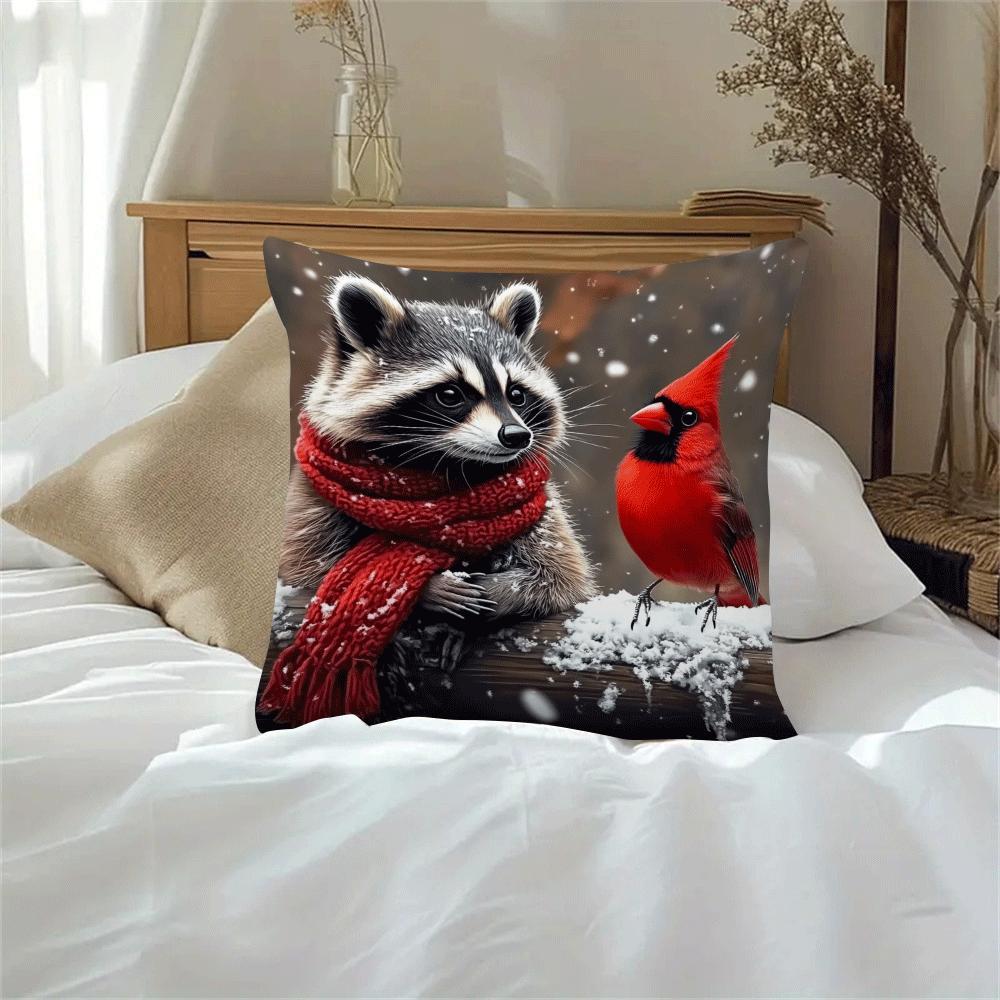 Decorative Raccoon and Cardinal Throw Pillow Cover Polyester Cartoon Style Machine Washable
