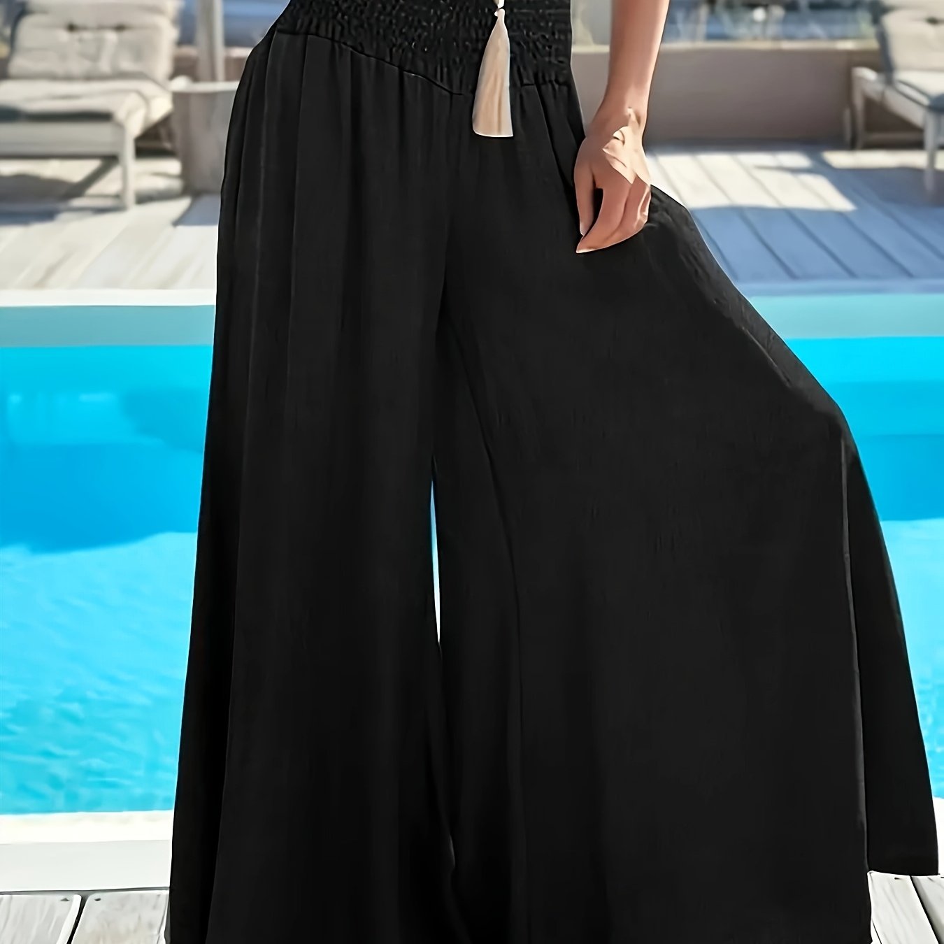 Women's Plus Size Wide-Leg Polyester Pants High Waist Solid Color