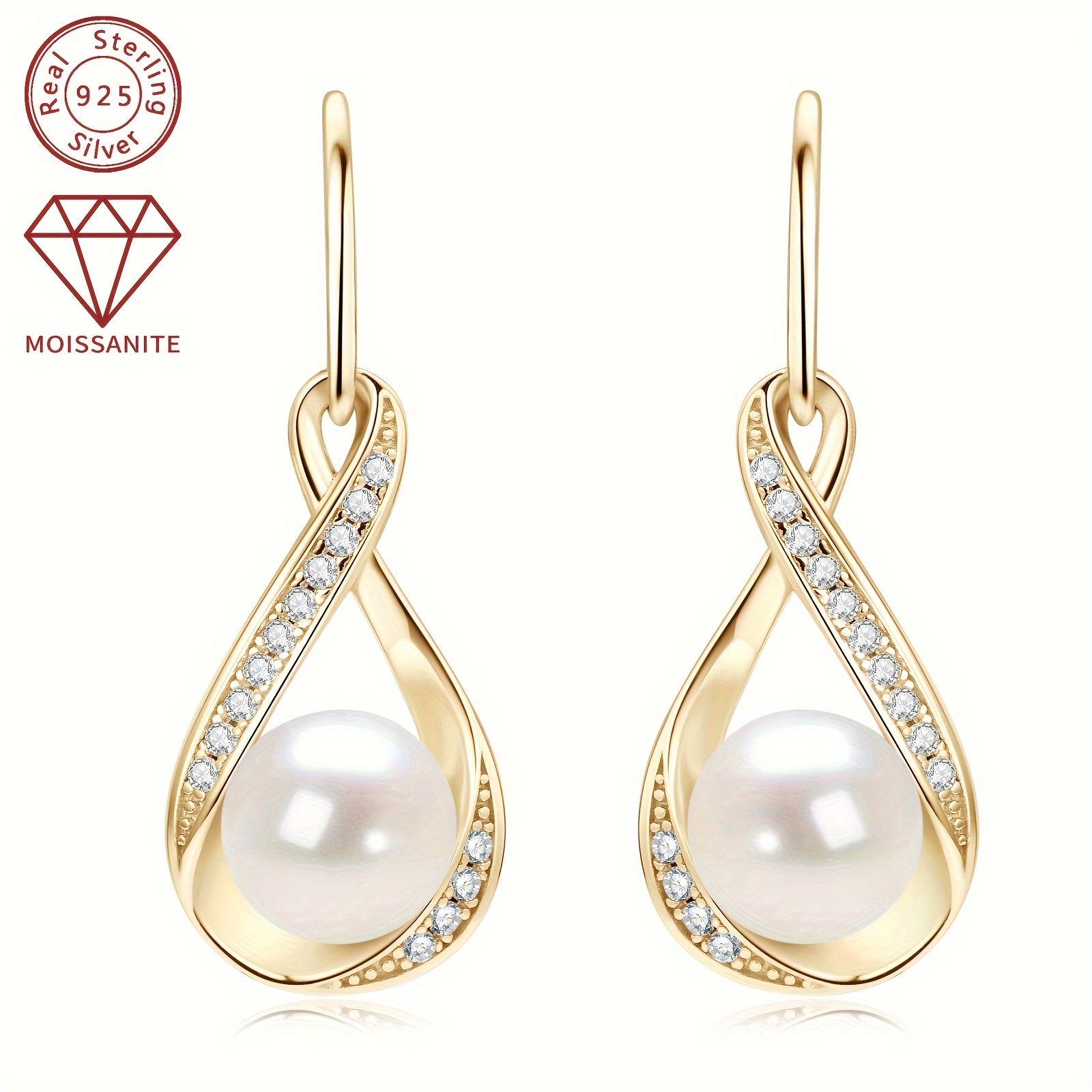 Pearl Earrings with Moissanite Stones 8mm Freshwater Beads in Silver