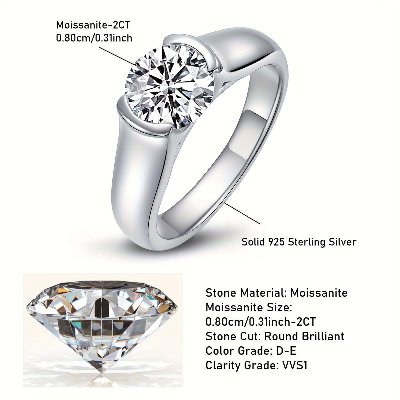 Sterling Silver 2CT Moissanite Engagement Ring with April Birthstone Classic Style
