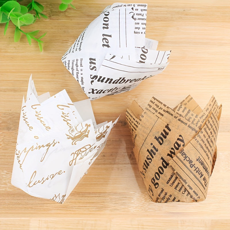 Set of 50 Disposable Tulip Muffin Cups with Cloud Stripes Newspaper Pattern, Greaseproof Paper Liners