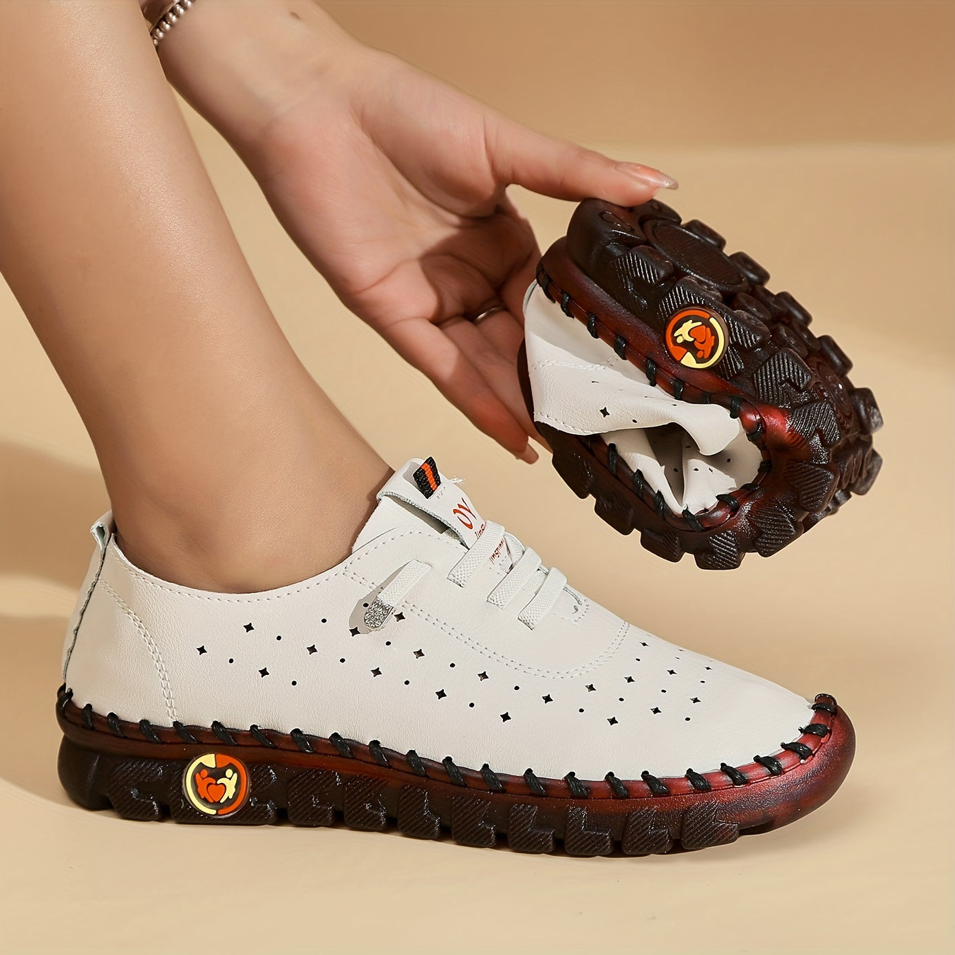 Women's Breathable Flat Sneakers with Hollow Out Design and Solid Color Lace-Up Shoes