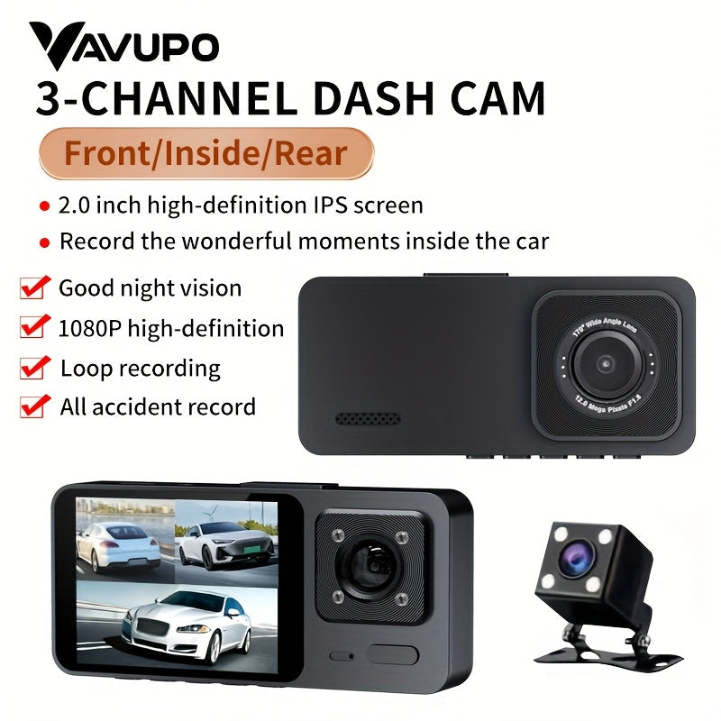 Cámara de tablero para coche de 3 cámaras con visión nocturna, 1080P, ángulo amplio de 170°