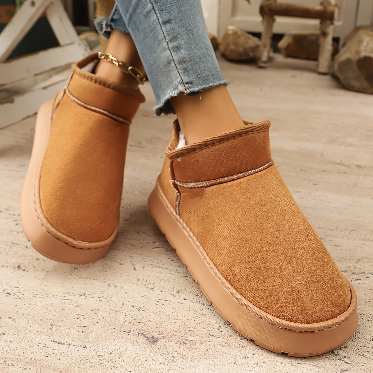 Women's Winter Snow Boots Casual Slip-On Warm Fabric Indoor Outdoor Shoes
