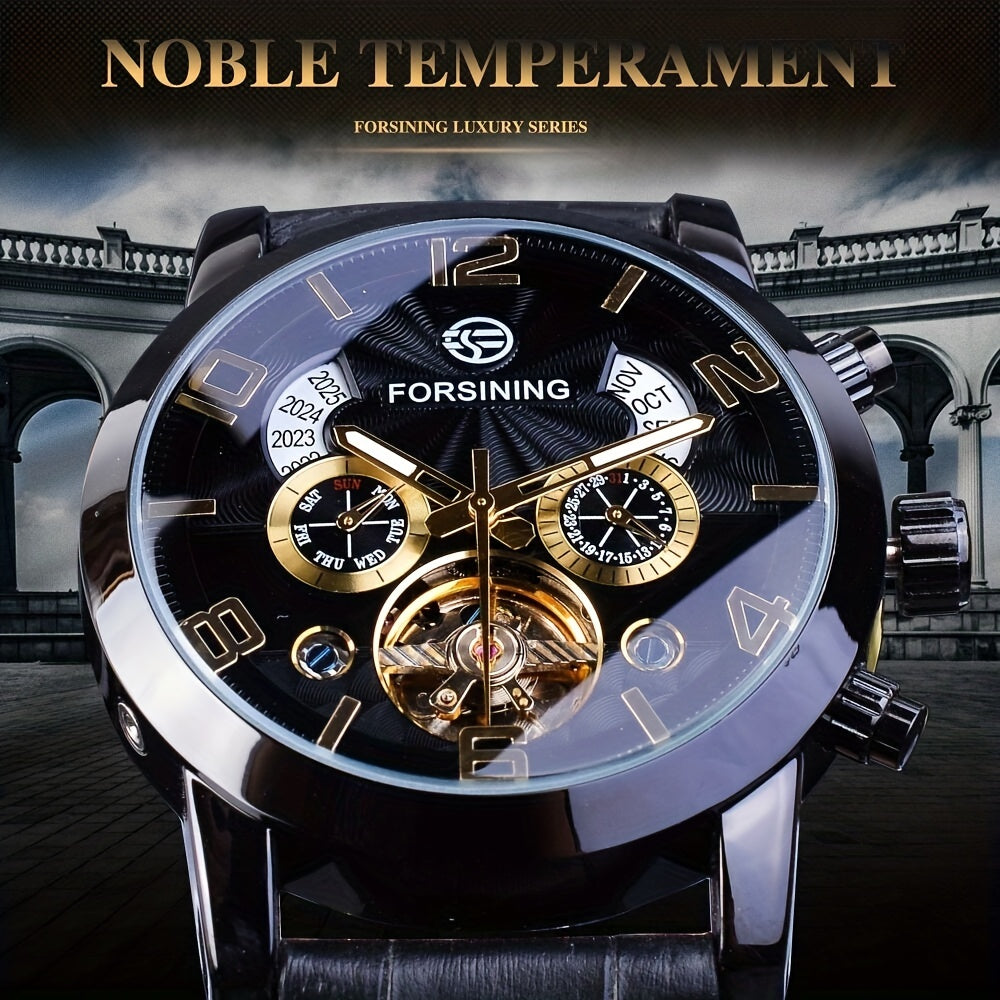 Men's Automatic Mechanical Watch Black Gold Wave Dial Multifunction Tourbillon