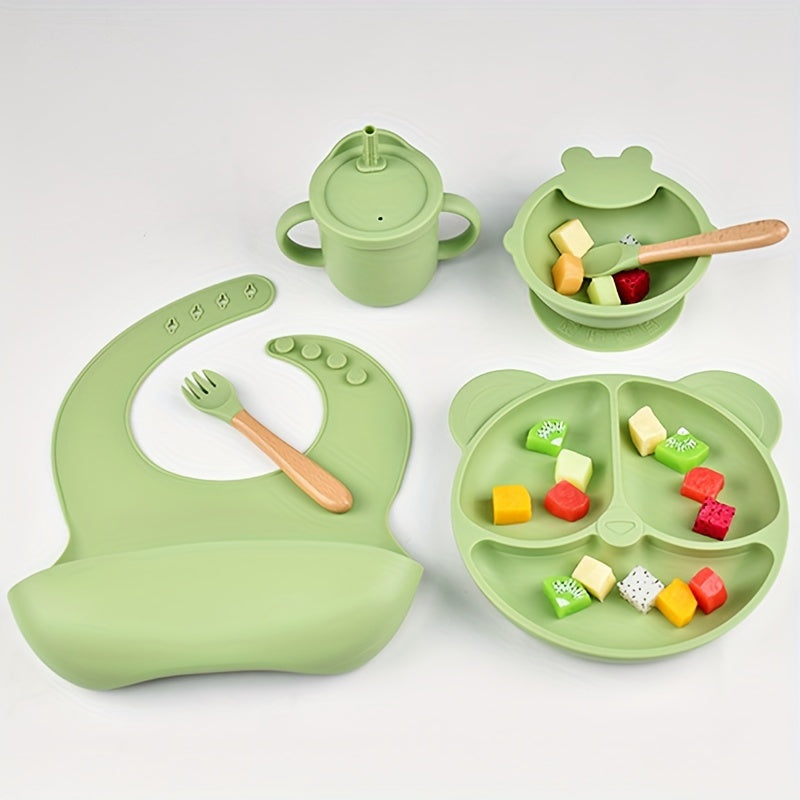 Baby Feeding Set 6 Pieces Silicone Toddler Food Grade Flatware Includes Plate Bowl Bib Cup Fork Spoon