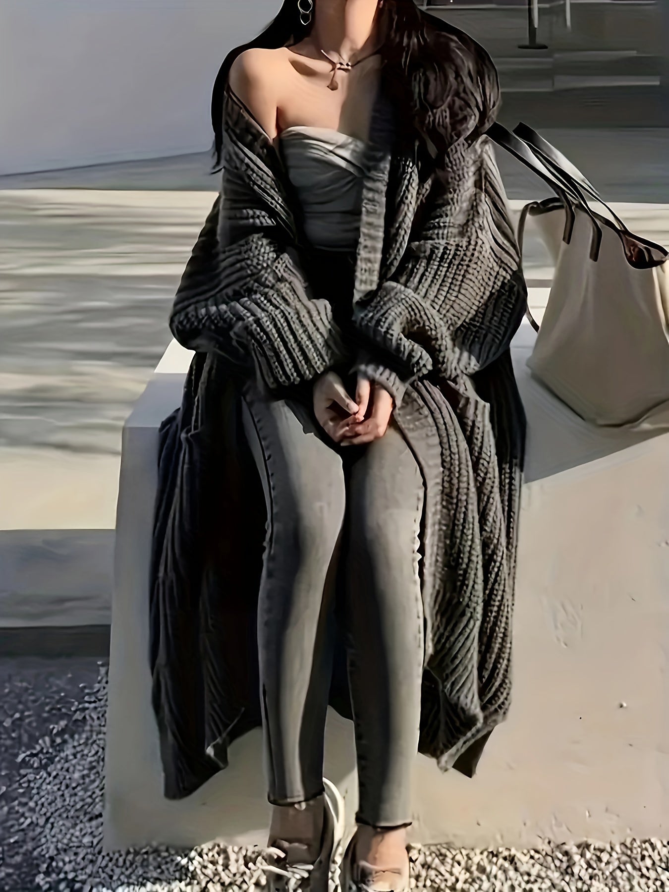 Women's Gray Long Cardigan with Pockets V-Neck Knit Sweater Coat for Fall Winter