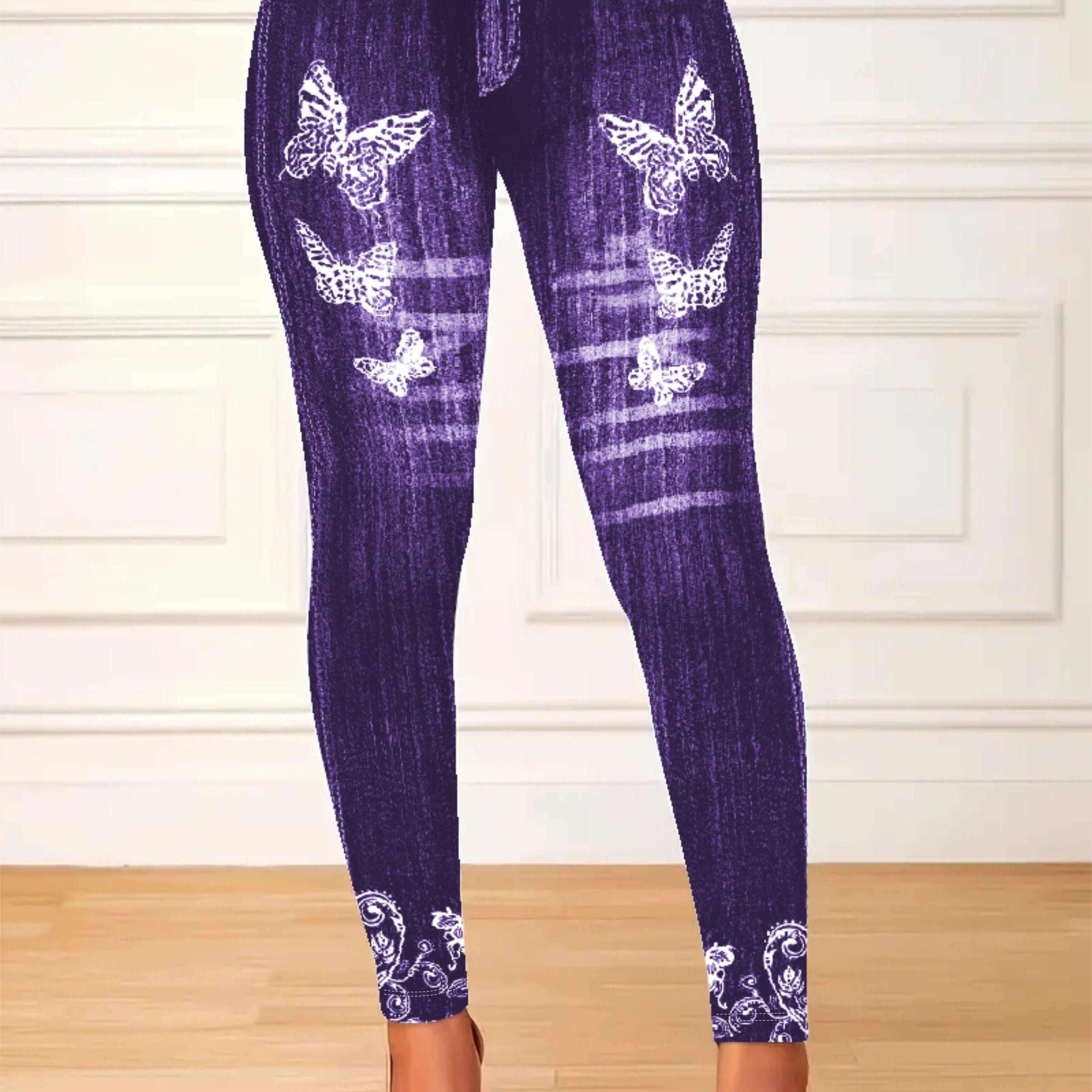 Plus Size Women's Stretchy Butterfly and Denim Print High Waist Leggings