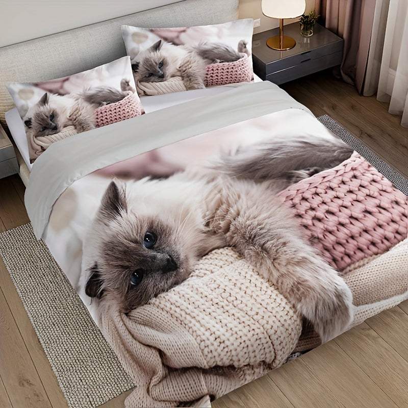 Cat Print Duvet Cover Set with Pillowcases 3 Piece Breathable Polyester Easy Care