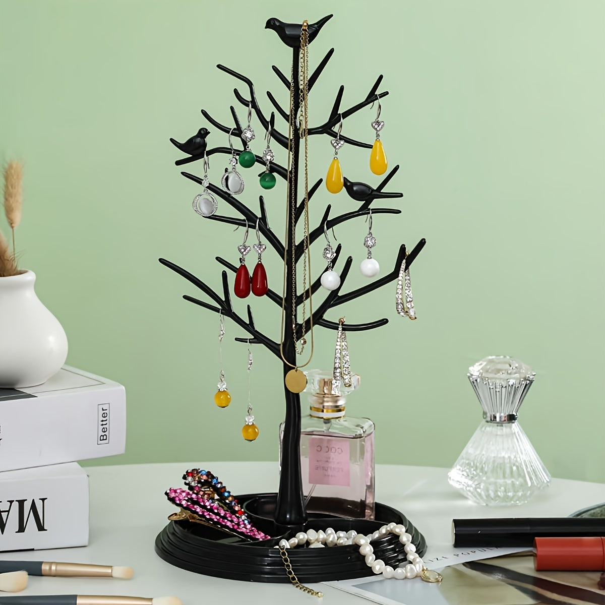 Acacia Bird Tree Jewelry Organizer for Necklaces Bracelets Earrings Rings with Key and Mask Storage