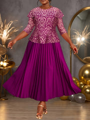 Women's Black Lace Trimmed A-Line Midi Dress with Pleats for Formal Events