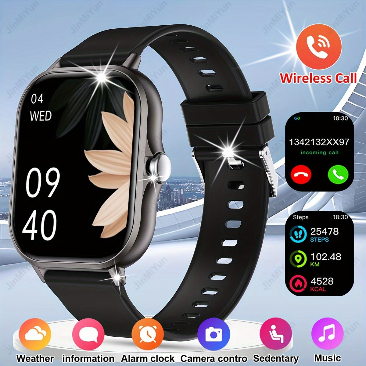 Smartwatch with 4.65cm Full Screen Touch Display Rose Golden Black Fitness Tracker Music Control