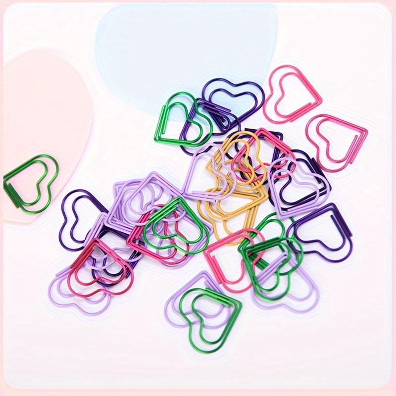 50 Colorful Heart-Shaped Iron Paper Clips for Document Organization