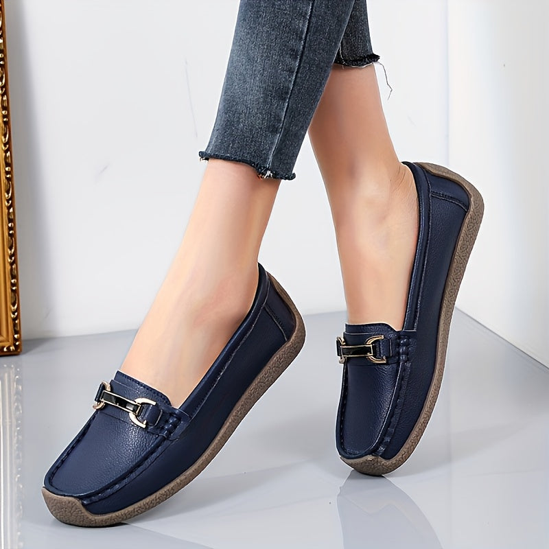 Women's Slip-On Loafers with Metal Decor Faux Leather Casual Flat Shoes